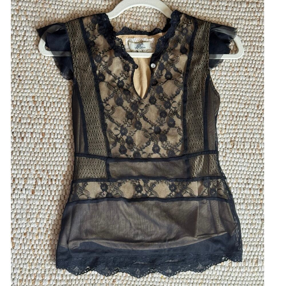 Y2K Vintage Fifi Black Lace Mesh Keyhole Blouse Cap Sleeve Coquette Fairycore XS